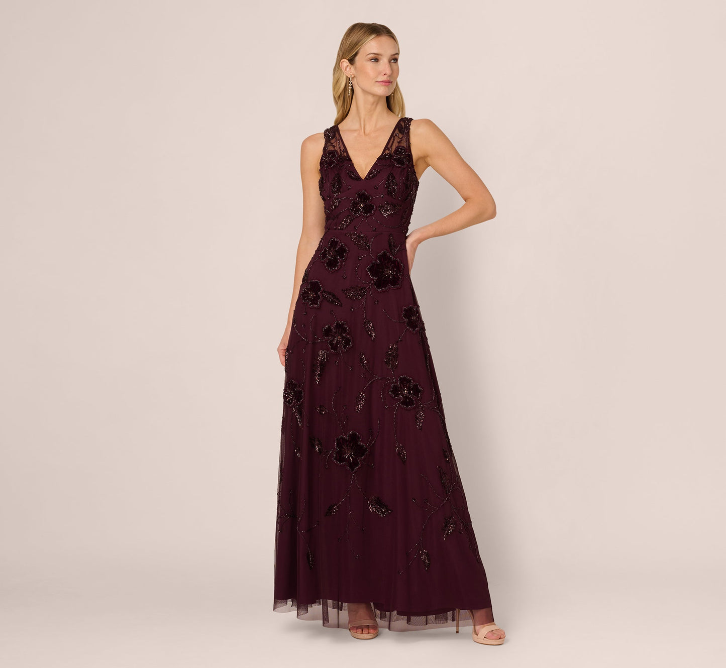 Sleeveless Velvet Beaded Floral Gown In Night Plum