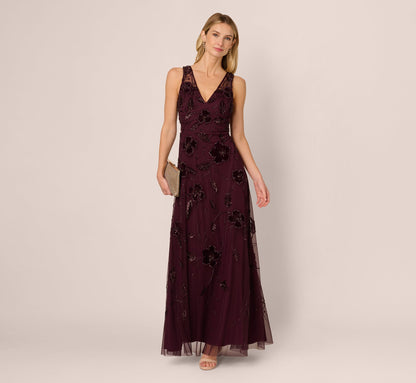 Sleeveless Velvet Beaded Floral Gown In Night Plum