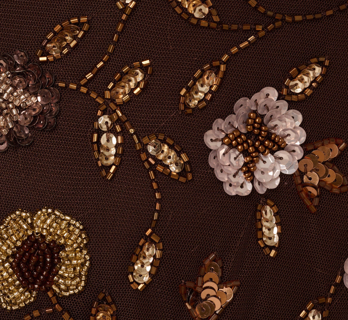 Three Quarter Sleeve Floral Sequin Beaded Gown In Chocolate