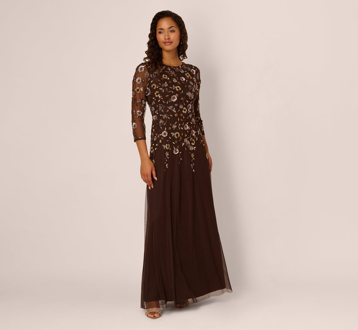 Three Quarter Sleeve Floral Sequin Beaded Gown In Chocolate