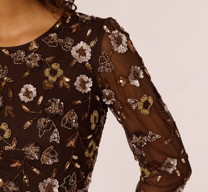 Three Quarter Sleeve Floral Sequin Beaded Gown In Chocolate