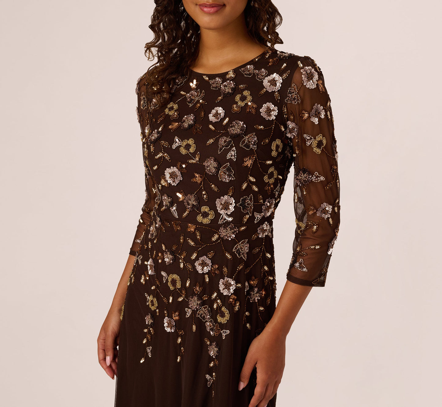 Three Quarter Sleeve Floral Sequin Beaded Gown In Chocolate