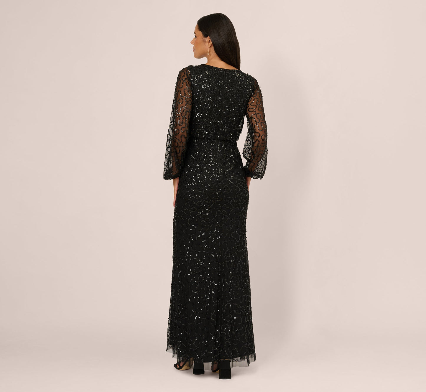 Bishop Sleeve Floral Sequin Bead Gown In Black Multi