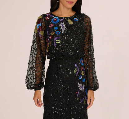 Bishop Sleeve Floral Sequin Bead Gown In Black Multi