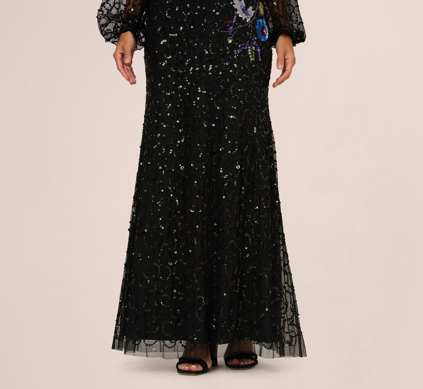 Bishop Sleeve Floral Sequin Bead Gown In Black Multi