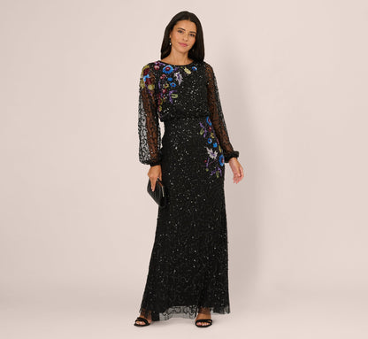 Bishop Sleeve Floral Sequin Bead Gown In Black Multi
