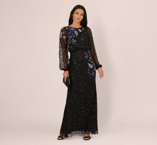 Bishop Sleeve Floral Sequin Bead Gown In Black Multi