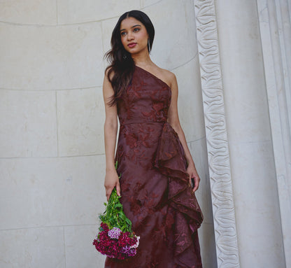 One Shoulder Floral Embroidered Gown In Raisin