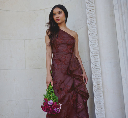 One Shoulder Floral Embroidered Gown In Raisin