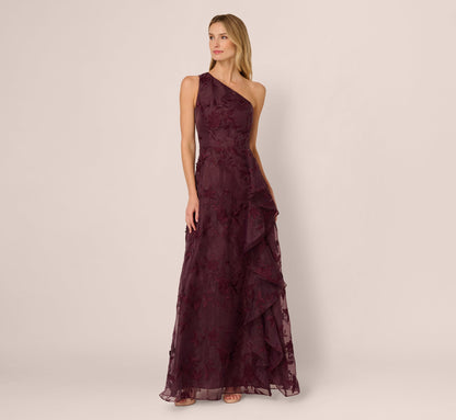 One Shoulder Floral Embroidered Gown In Raisin