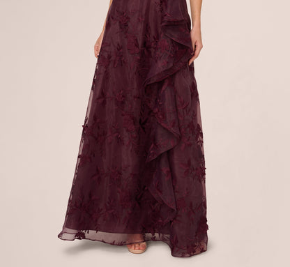 One Shoulder Floral Embroidered Gown In Raisin