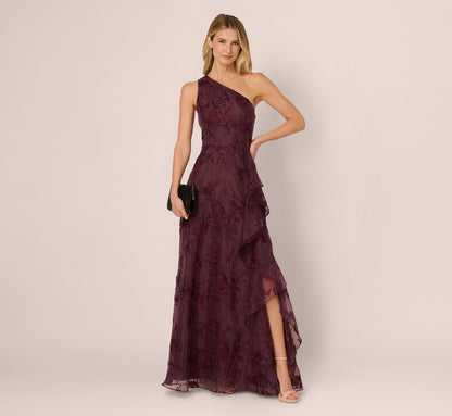 One Shoulder Floral Embroidered Gown In Raisin