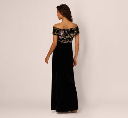 Off Shoulder Sequin Velvet Combo Gown In Black Multi