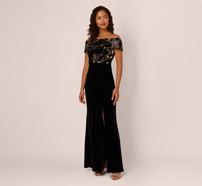 Off Shoulder Sequin Velvet Combo Gown In Black Multi