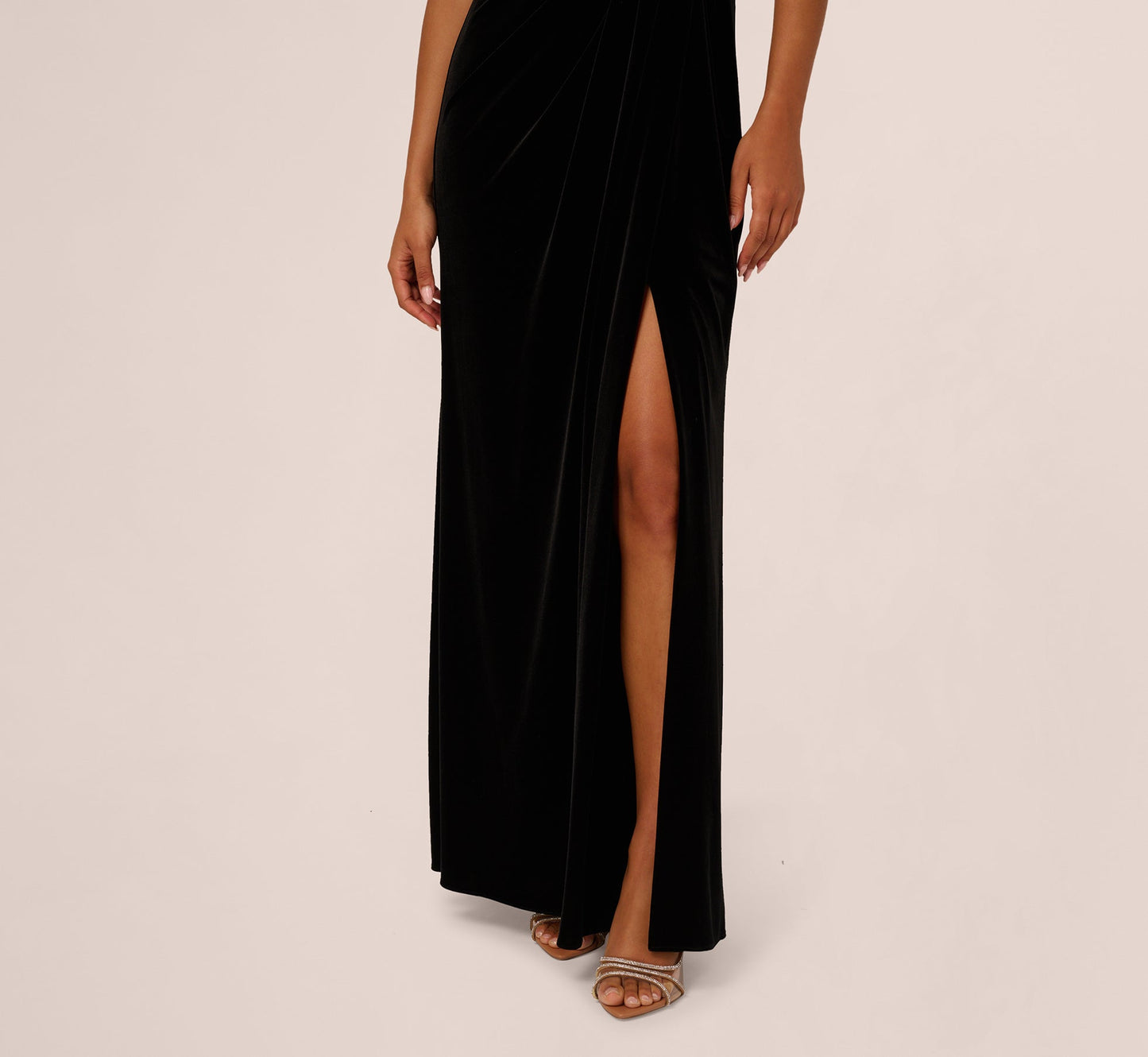 Off Shoulder Sequin Velvet Combo Gown In Black Multi