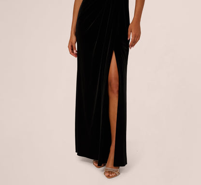 Off Shoulder Sequin Velvet Combo Gown In Black Multi