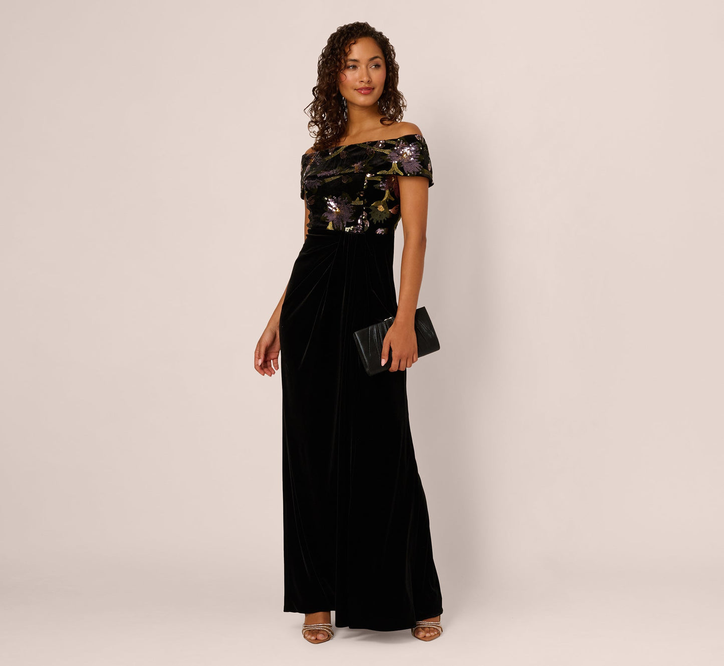 Off Shoulder Sequin Velvet Combo Gown In Black Multi