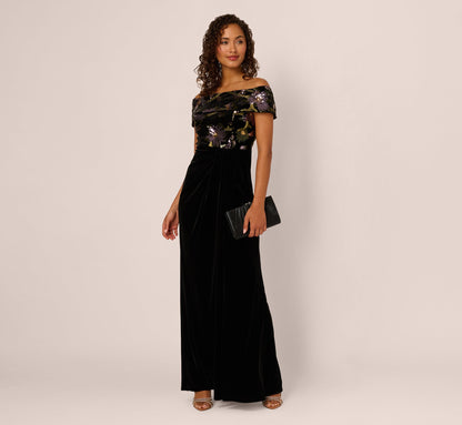 Off Shoulder Sequin Velvet Combo Gown In Black Multi
