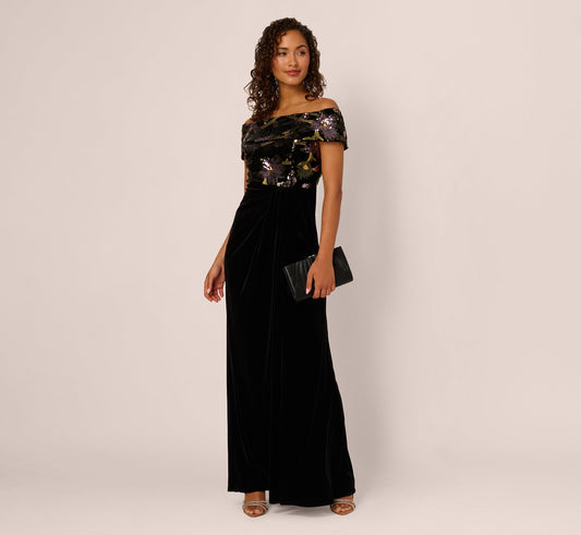 Off Shoulder Sequin Velvet Combo Gown In Black Multi