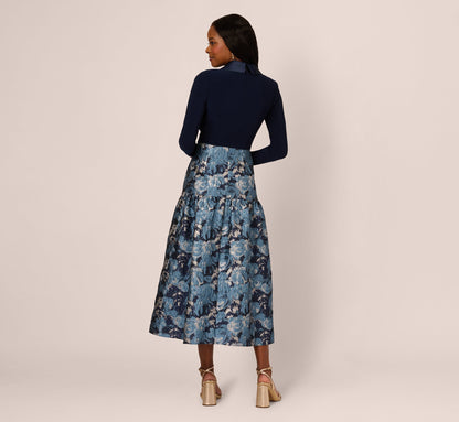 Long Sleeve Tuxedo Jacquard Combo Gown In Midnight Multi