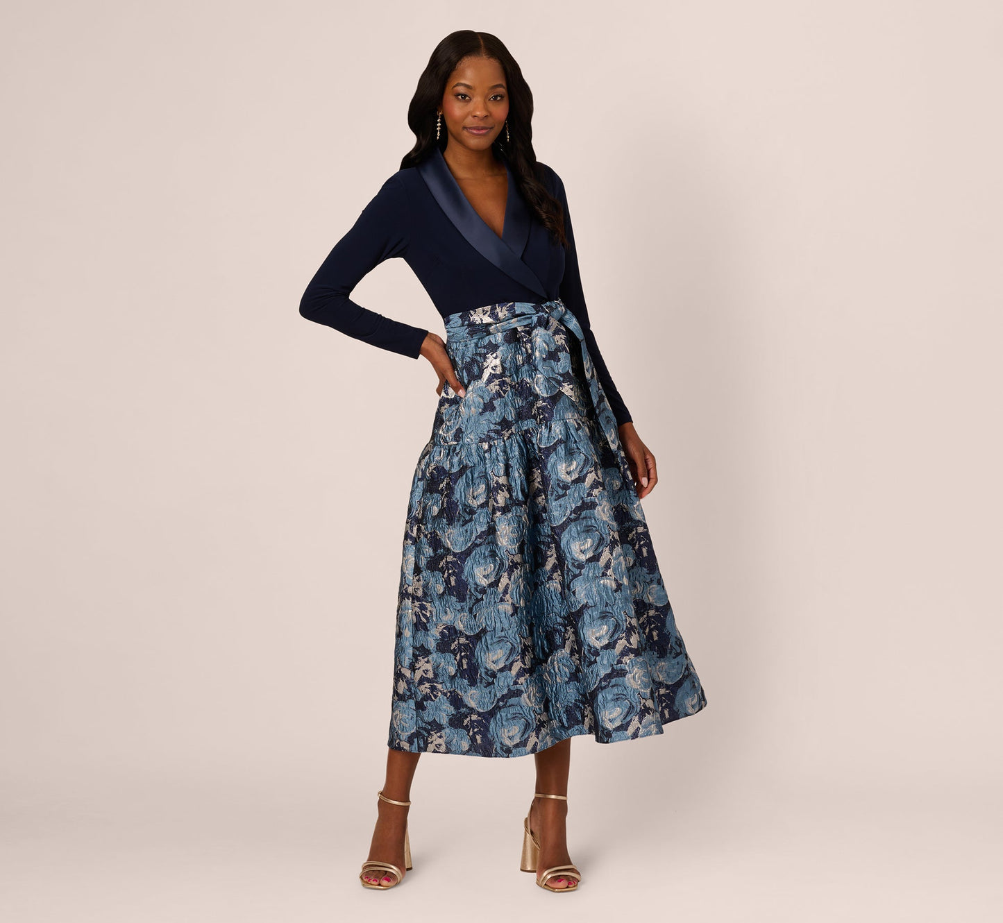 Long Sleeve Tuxedo Jacquard Combo Gown In Midnight Multi