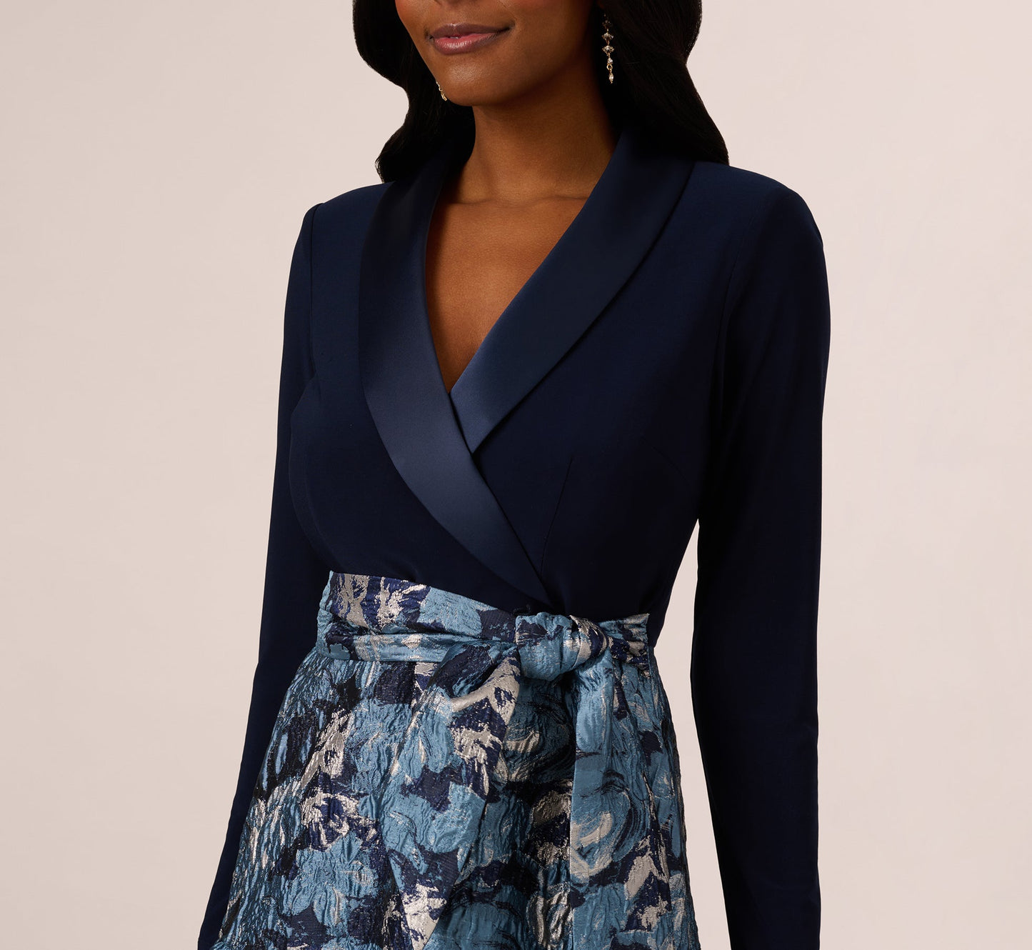 Long Sleeve Tuxedo Jacquard Combo Gown In Midnight Multi