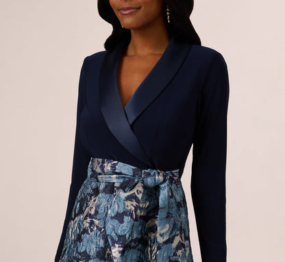 Long Sleeve Tuxedo Jacquard Combo Gown In Midnight Multi