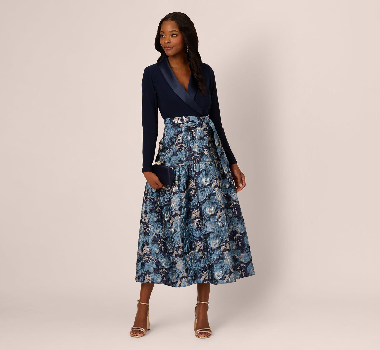 Long Sleeve Tuxedo Jacquard Combo Gown In Midnight Multi