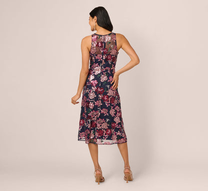 Sleeveless Illusion Sequin Midi Dress In Midnight Multi