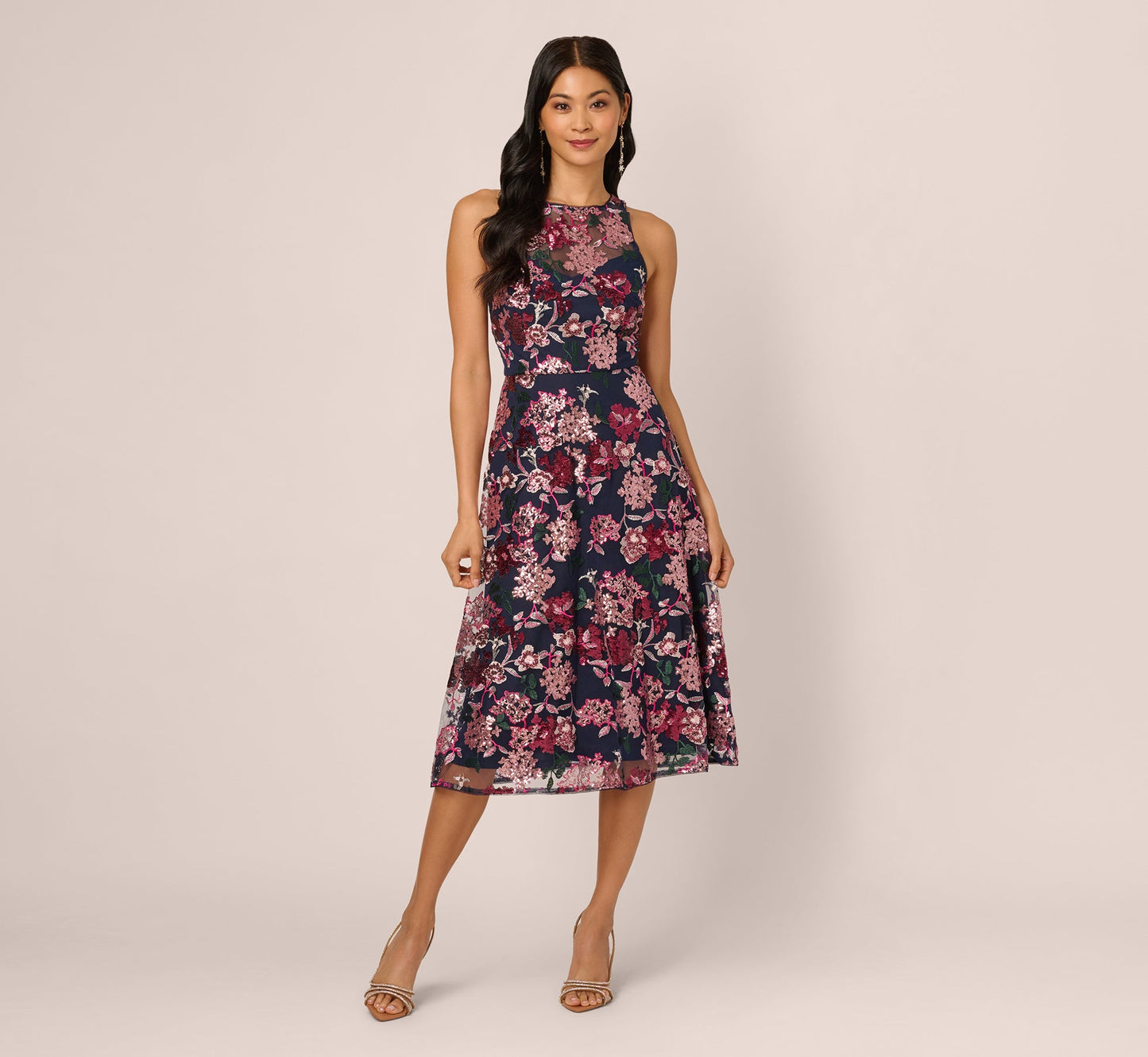 Sleeveless Illusion Sequin Midi Dress In Midnight Multi