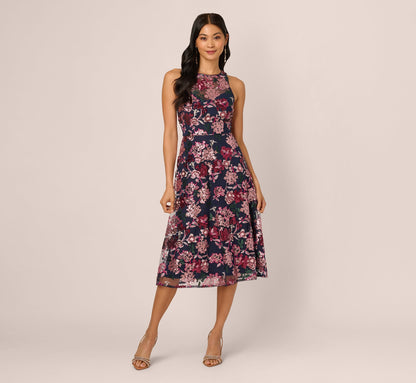 Sleeveless Illusion Sequin Midi Dress In Midnight Multi