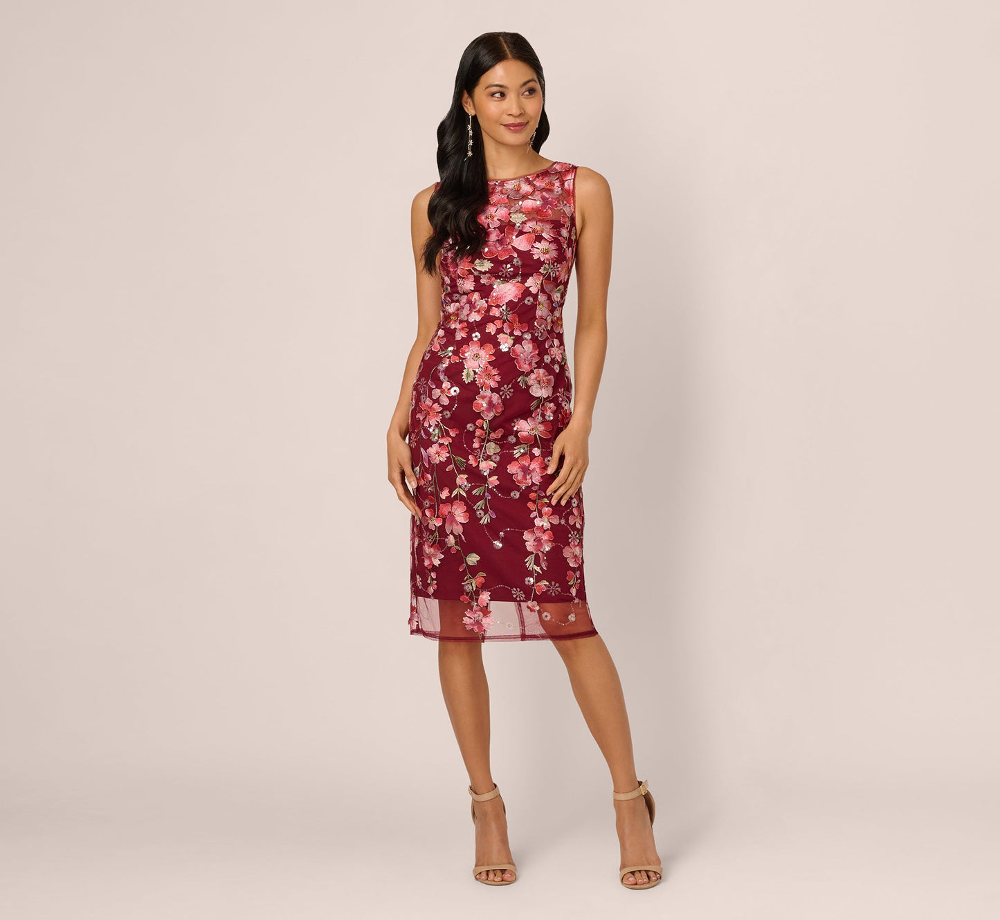 Floral Sequin Embroidery Midi Sheath Dress In Plum Multi