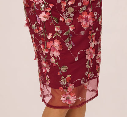 Floral Sequin Embroidery Midi Sheath Dress In Plum Multi