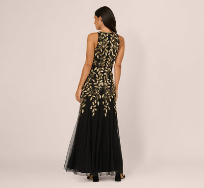 Sleeveless Floral Beaded Godet Gown In Black Gold