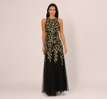 Sleeveless Floral Beaded Godet Gown In Black Gold