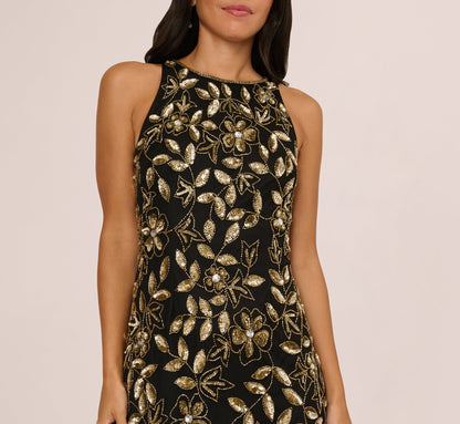 Sleeveless Floral Beaded Godet Gown In Black Gold