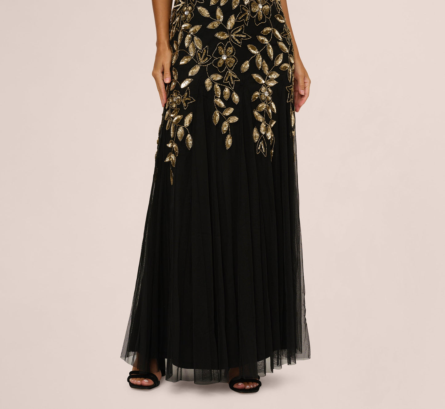 Sleeveless Floral Beaded Godet Gown In Black Gold