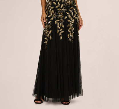 Sleeveless Floral Beaded Godet Gown In Black Gold