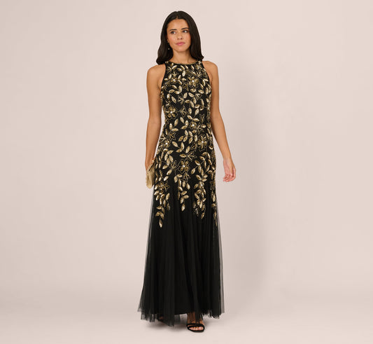 Sleeveless Floral Beaded Godet Gown In Black Gold