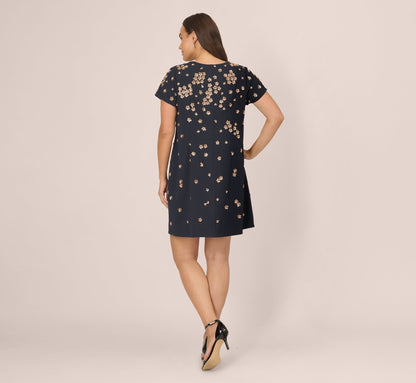Plus Size Short Sleeve Floral Sequin Shift Dress In Midnight Rosegold