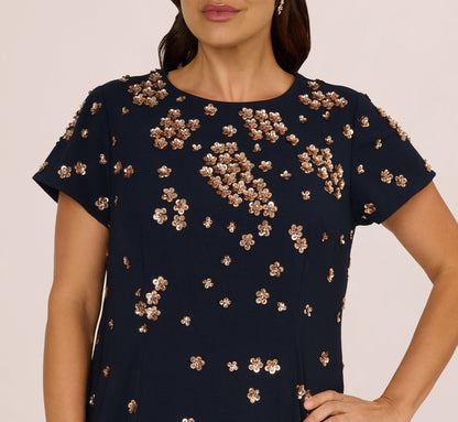 Plus Size Short Sleeve Floral Sequin Shift Dress In Midnight Rosegold