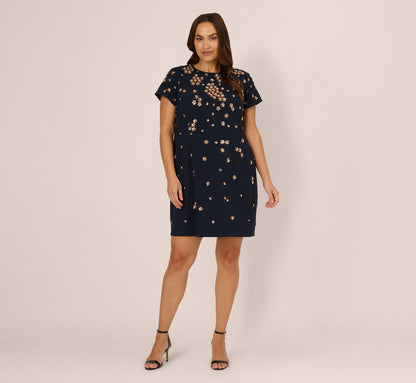 Plus Size Short Sleeve Floral Sequin Shift Dress In Midnight Rosegold