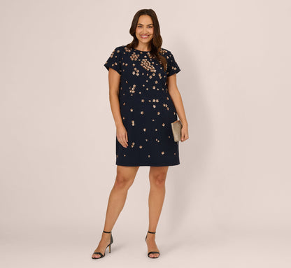 Plus Size Short Sleeve Floral Sequin Shift Dress In Midnight Rosegold