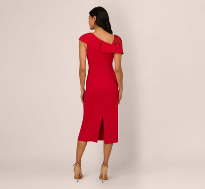 Sequin Shoulder Crepe Midi Sheath Dress In Red