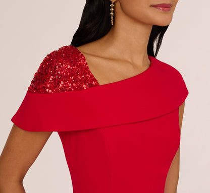 Sequin Shoulder Crepe Midi Sheath Dress In Red