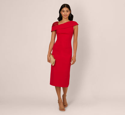 Sequin Shoulder Crepe Midi Sheath Dress In Red