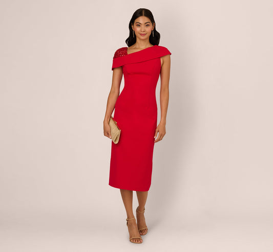 Sequin Shoulder Crepe Midi Sheath Dress In Red