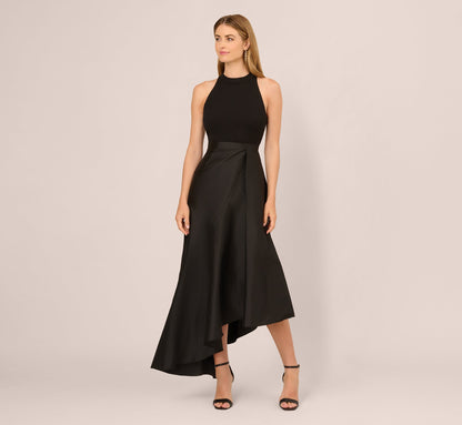 Sleeveless Asymmetrical Draped Taffeta Combo Gown In Black