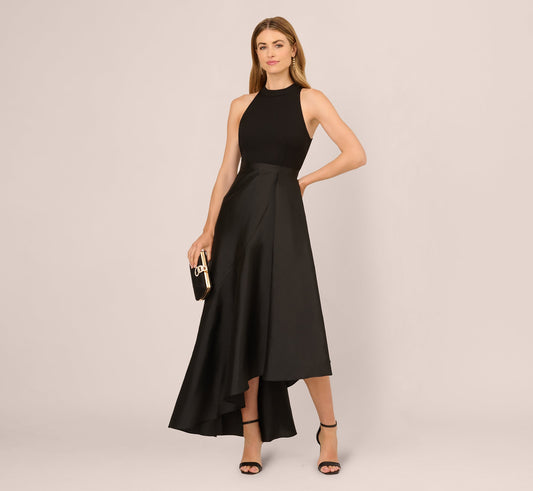 Sleeveless Asymmetrical Draped Taffeta Combo Gown In Black