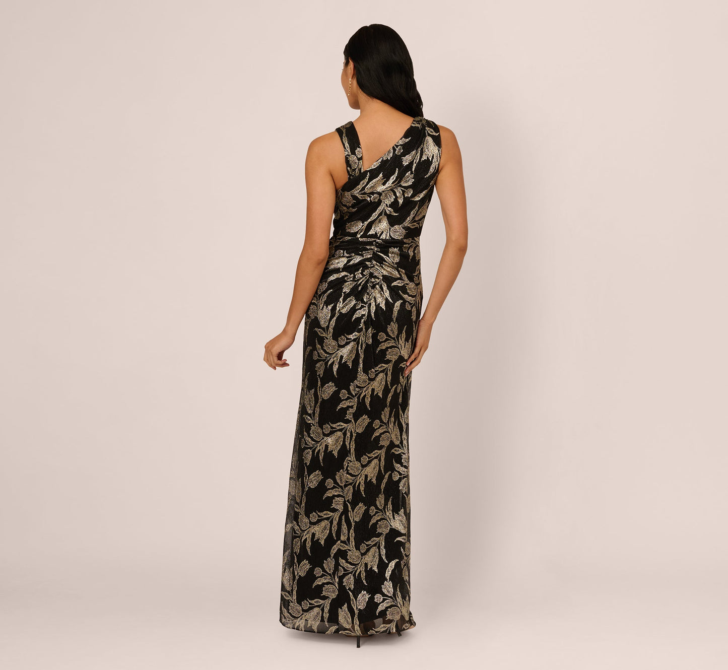 Sleeveless Asymmetrical Crinkle Metallic Floral Gown In Black Gold